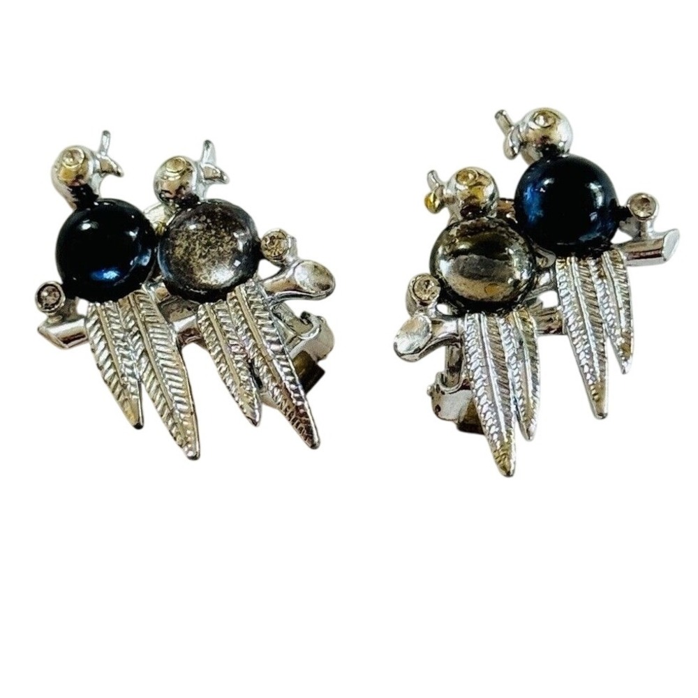 VTG Victorian Revival Earrings Love Birds Jelly Belly‎ Glass Cabochon Rhinestone